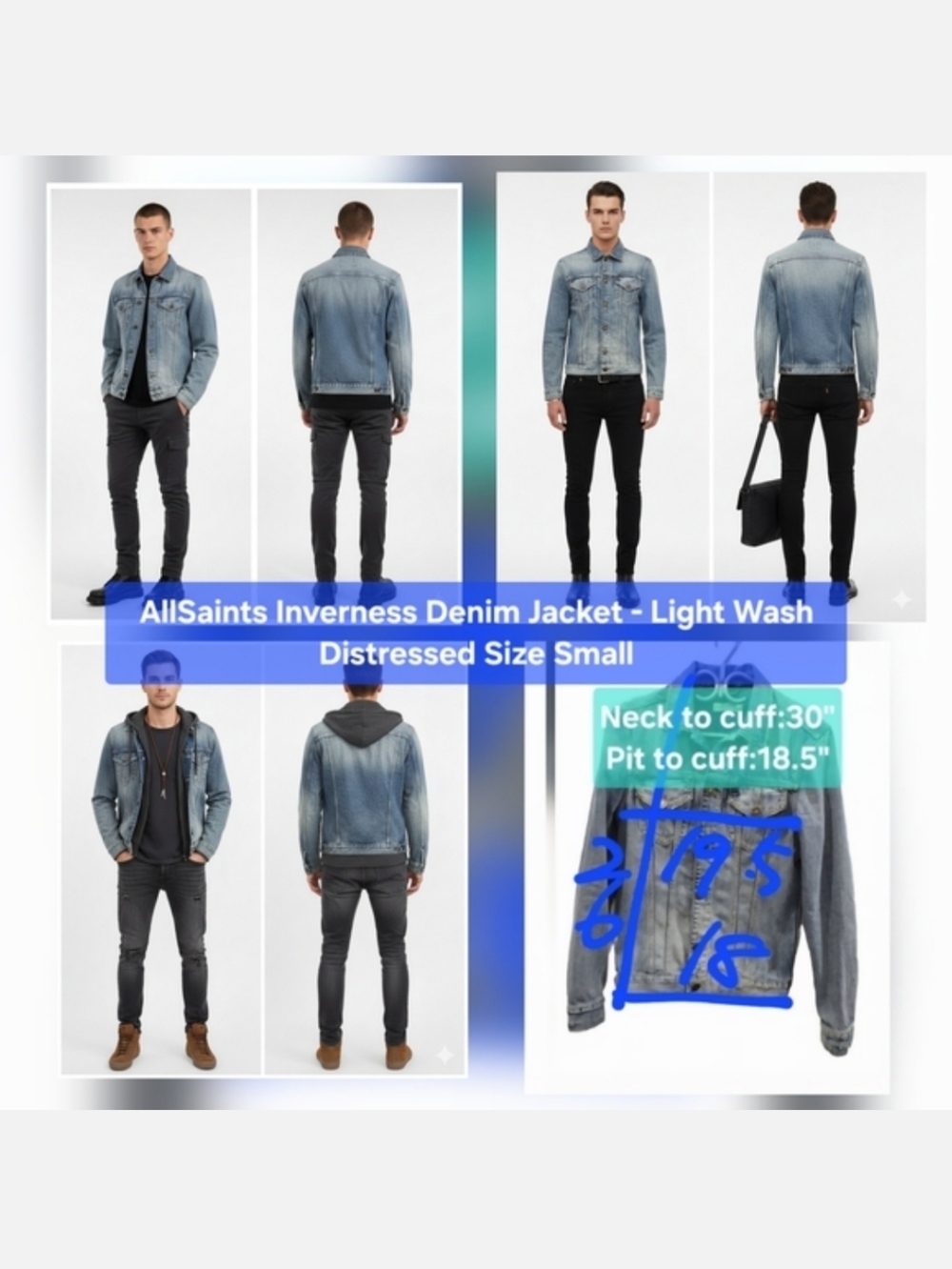AllSaints Inverness Denim Jacket - Light Wash Distressed Size S